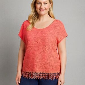 Cato Woman Coral Crochet Lace Fringe Hem Top Plus 18/20W Boho Festival Summer